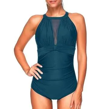 Tempt Me Women One Piece Swimsuit Malachite GreenV Neck Mesh Ruched Swimwear XL
