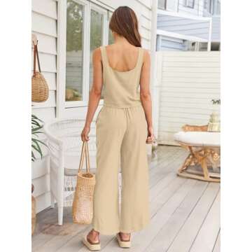 AUTOMET 2 Piece Summer Outfits for Women Casual Soft Lounge Matching Sets Two Piece Linen Crop Top Pants 2024 Fashion Clothes Beige L