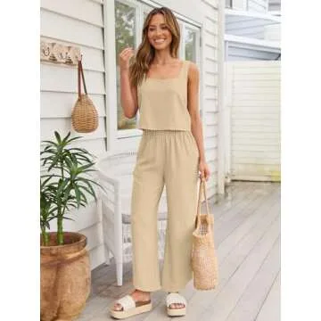 AUTOMET 2 Piece Summer Outfits for Women Casual Soft Lounge Matching Sets Two Piece Linen Crop Top Pants 2024 Fashion Clothes Beige L