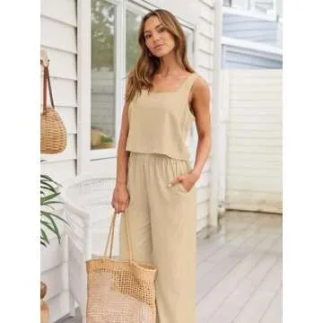 AUTOMET 2 Piece Summer Outfits for Women Casual Soft Lounge Matching Sets Two Piece Linen Crop Top Pants 2024 Fashion Clothes Beige L