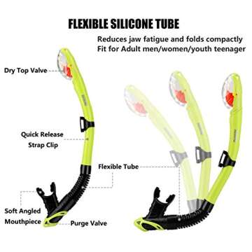 Aegend Dry Snorkel Green, Easy-Breath Free Diving Snorkel for Snorkeling Scuba Diving Freediving Swi...