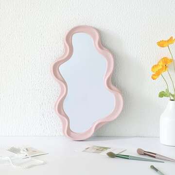 JDPEYI Funky Wavy Mirror 16"x10" Pink Irregular Wall Hanging Mirror Special-Shaped Vanity Mirror Bedroom Decorative Wall Mirror Dressing Tabletop Irregular Pattern Makeup Mirror