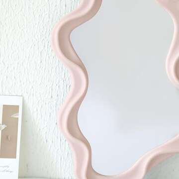 JDPEYI Funky Wavy Mirror 16"x10" Pink Irregular Wall Hanging Mirror Special-Shaped Vanity Mirror Bedroom Decorative Wall Mirror Dressing Tabletop Irregular Pattern Makeup Mirror