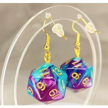 d20 20-Sided Polyhedral Dice Earrings - Light Blue-Purple Swirl Design