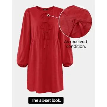 ZESICA Women's Dress Fall Long Puff Sleeve Self Tie Front Babydoll A Line Pleated Cute Mini Tunic Dr...