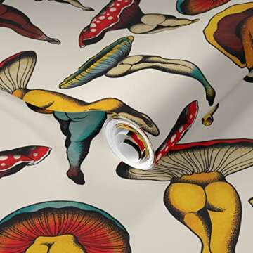 Removable Wallpaper 12ft x 2ft - Mushroom Booty Vintage Cute Kitsch Cottagecore Colorful Retro Custo...