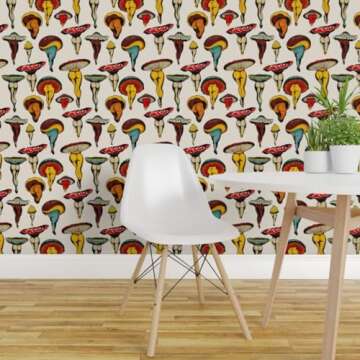 Removable Wallpaper 12ft x 2ft - Mushroom Booty Vintage Cute Kitsch Cottagecore Colorful Retro Custom Pre-Pasted Wallpaper by Spoonflower