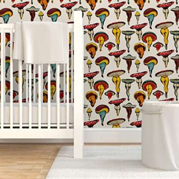 Removable Wallpaper 12ft x 2ft - Mushroom Booty Vintage Cute Kitsch Cottagecore Colorful Retro Custom Pre-Pasted Wallpaper by Spoonflower