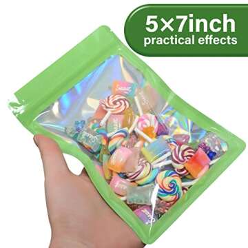 EONJOE 100-pack 5×7 inch mylar bags with clear window holographic resealable sealable packaging zip bag for small bussiness jewelry candy sample food packing supplies （green）