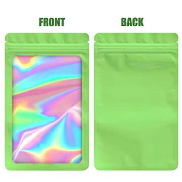 EONJOE 100-pack 5×7 inch mylar bags with clear window holographic resealable sealable packaging zip bag for small bussiness jewelry candy sample food packing supplies （green）