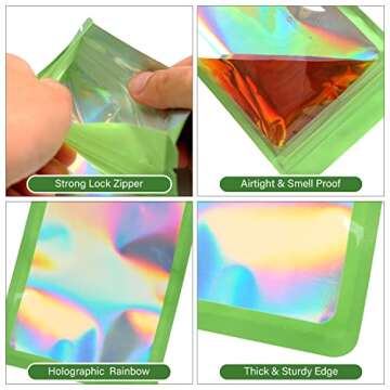 EONJOE 100-pack 5×7 inch mylar bags with clear window holographic resealable sealable packaging zip bag for small bussiness jewelry candy sample food packing supplies （green）