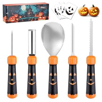 HAUSHOF 5PCS Professional Pumpkin Carving Tools Kit with Stencils for Creative Designs