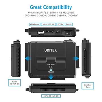 Unitek USB 3.0 to IDE and SATA Converter External Hard Drive Adapter Kit for Universal 2.5/3.5 HDD/SSD Hard Drive Disk, One Touch Backup Function, Included 12V/2A Power Adapter