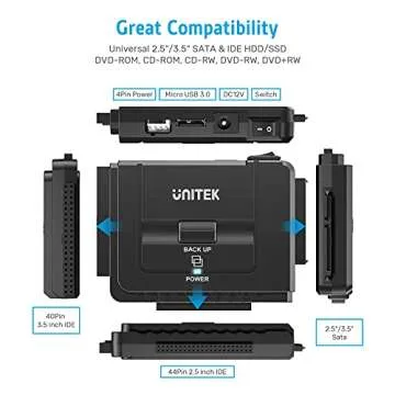 Unitek USB 3.0 to IDE and SATA Converter External Hard Drive Adapter Kit for Universal 2.5/3.5 HDD/SSD Hard Drive Disk, One Touch Backup Function, Included 12V/2A Power Adapter