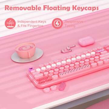 Wireless Keyboard and Mouse,MOFII 104 Round Keys Lovely Full-Size Cute Colorful Keyboard and Mouse with Retro Typewriter for PC/Mac/Laptop/Tablet/Computer/Windows Pink