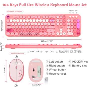 Wireless Keyboard and Mouse,MOFII 104 Round Keys Lovely Full-Size Cute Colorful Keyboard and Mouse with Retro Typewriter for PC/Mac/Laptop/Tablet/Computer/Windows Pink