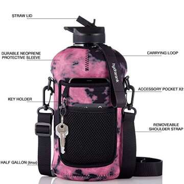 Half Gallon Water Bottle with Storage Sleeve & Straw Lid | BPA Free, Big Capacity, 74 ounce (2.2 Liter) Reusable Large Water Jug with Handle for Daily Hydration, Sports, Gym Bottles (Vibrant Tie Dye)