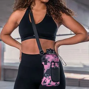 Half Gallon Water Bottle with Storage Sleeve & Straw Lid | BPA Free, Big Capacity, 74 ounce (2.2 Liter) Reusable Large Water Jug with Handle for Daily Hydration, Sports, Gym Bottles (Vibrant Tie Dye)