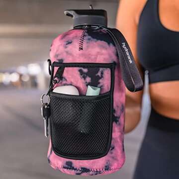 Half Gallon Water Bottle with Storage Sleeve & Straw Lid | BPA Free, Big Capacity, 74 ounce (2.2 Liter) Reusable Large Water Jug with Handle for Daily Hydration, Sports, Gym Bottles (Vibrant Tie Dye)