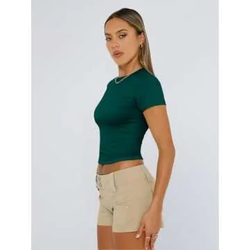 Trendy Queen Womens Basic T Shirts Summer 2025 Scoop Neck Short Sleeve Crop Tops Slim Fit Tees Y2k Clothing DarkGreen S