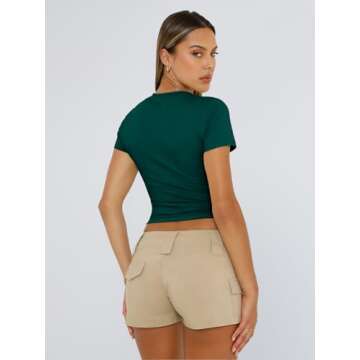 Trendy Queen Womens Basic T Shirts Summer 2025 Scoop Neck Short Sleeve Crop Tops Slim Fit Tees Y2k Clothing DarkGreen S