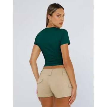 Trendy Queen Womens Basic T Shirts Summer 2025 Scoop Neck Short Sleeve Crop Tops Slim Fit Tees Y2k Clothing DarkGreen S