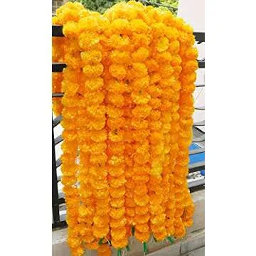 DIYANA IMPEX Marigold Garland for Decoration 5 feet Long Strands Artificial Marigold Flowers, Indian Décor for Pooja, Wedding Christmas, Events (Orange, 5)