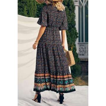 PRETTYGARDEN Women's Casual Summer Boho Floral Print Dress V Neck Short Sleeve High Waist Long Maxi ...