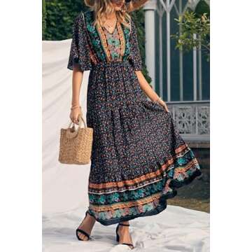 PRETTYGARDEN Women's Casual Summer Boho Floral Print Dress V Neck Short Sleeve High Waist Long Maxi Beach Dresses (Black Floral,X-Large)