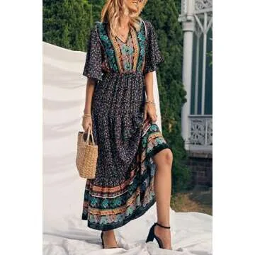 PRETTYGARDEN Women's Casual Summer Boho Floral Print Dress V Neck Short Sleeve High Waist Long Maxi Beach Dresses (Black Floral,X-Large)