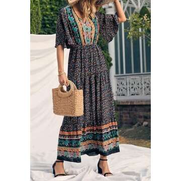 PRETTYGARDEN Women's Casual Summer Boho Floral Print Dress V Neck Short Sleeve High Waist Long Maxi Beach Dresses (Black Floral,X-Large)