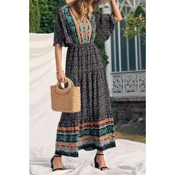 PRETTYGARDEN Women's Casual Summer Boho Floral Print Dress V Neck Short Sleeve High Waist Long Maxi Beach Dresses (Black Floral,X-Large)