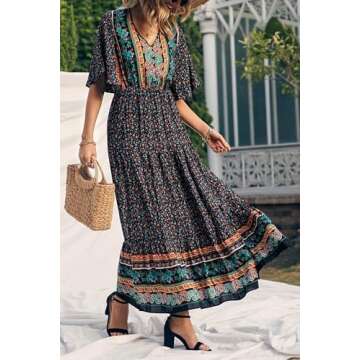 PRETTYGARDEN Women's Casual Summer Boho Floral Print Dress V Neck Short Sleeve High Waist Long Maxi Beach Dresses (Black Floral,X-Large)