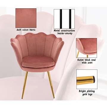 chairus Living Room Chair, Mid Century Modern Retro Leisure Velvet Accent Chair with Golden Metal Legs, Vanity Chair for Bedroom Dresser, Upholstered Guest Chair(Antique Pink)