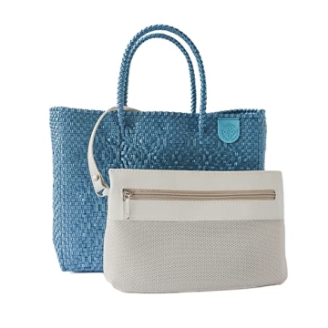 Maui Medium Woven Crossbody Bag - With Detachable Mesh Pouch, Blue Beach Bag, Recycled Plastic Purse, Oaxaca Mexican Woven Bag, Artisan Made Resort Bag