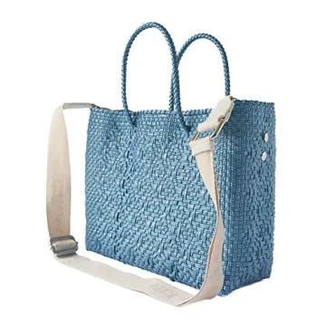 Maui Medium Woven Crossbody Bag - With Detachable Mesh Pouch, Blue Beach Bag, Recycled Plastic Purse, Oaxaca Mexican Woven Bag, Artisan Made Resort Bag