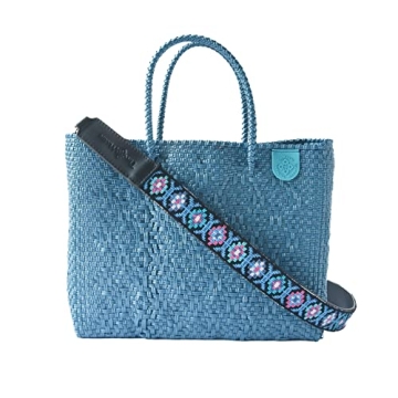 Maui Medium Woven Crossbody Bag - With Detachable Mesh Pouch, Blue Beach Bag, Recycled Plastic Purse, Oaxaca Mexican Woven Bag, Artisan Made Resort Bag