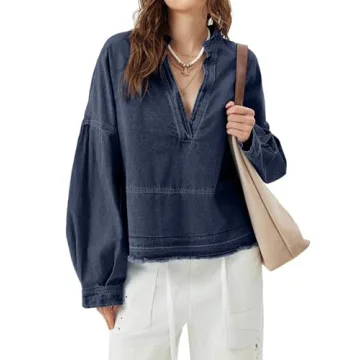PLNOTME Womens Denim Tops Pullover Trendy Casual V Neck Loose Fit Puff Sleeve Jean Cotton Shirts