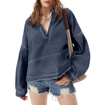 PLNOTME Womens Denim Tops Pullover Trendy Casual V Neck Loose Fit Puff Sleeve Jean Cotton Shirts