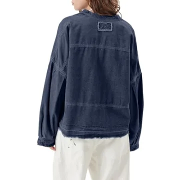 PLNOTME Womens Denim Tops Pullover Trendy Casual V Neck Loose Fit Puff Sleeve Jean Cotton Shirts