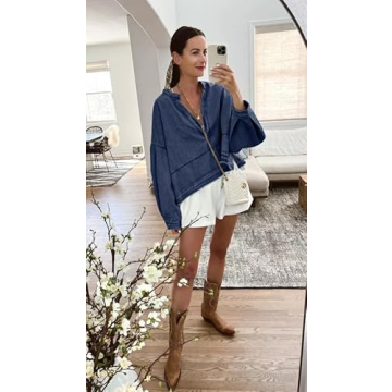 PLNOTME Womens Denim Tops Pullover Trendy Casual V Neck Loose Fit Puff Sleeve Jean Cotton Shirts