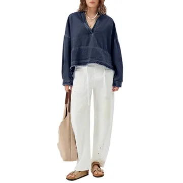 PLNOTME Womens Denim Tops Pullover Trendy Casual V Neck Loose Fit Puff Sleeve Jean Cotton Shirts