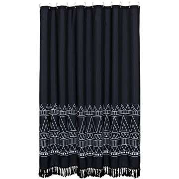 YoKii Tassel Fabric Shower Curtain, Black White Boho Striped Chevron Polyester Bath Curtain Set with Hooks, Decorative Spa Hotel Heavy Weighted 72-Inch Bathroom Curtains, (72 x 72, Black)