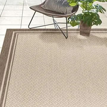 Gertmenian Indoor Outdoor Classic Flatweave Area Rug, Stain & UV Resistant Carpet, Deck, Patio, Poolside & Mudroom, 8x10 Ft Large, Simple Border, Brown Tan, 22911