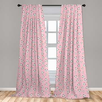 Lunarable Pale Pink Window Curtains, Panda Pattern Chinese Animal Portrait Cartoon Bear, Lightweight Decor 2-Panel Set with Rod Pocket, Pair of - 28" x 84", Pink Grey