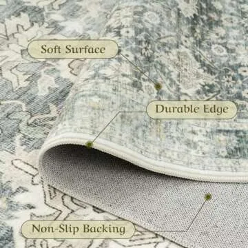 HOMFINE Machine Washable Rug 5'x7' - Vintage Design Area Rugs with Non Slip Rugs for Living Room Bedroom Floral Print Rug Carpet Stain Resistant, Home Decor Office Area Rug, Green