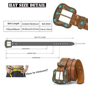 HinyBoeh Western PU-Leather-Belts for Women Girls,Floral Embossed Cowboy-Cowgirl Belt with Turquoise...