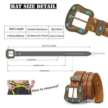HinyBoeh Western PU-Leather-Belts for Women Girls,Floral Embossed Cowboy-Cowgirl Belt with Turquoise...
