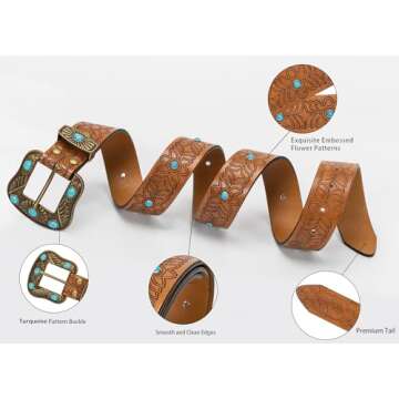 HinyBoeh Western PU-Leather-Belts for Women Girls,Floral Embossed Cowboy-Cowgirl Belt with Turquoise for Jeans