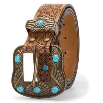 HinyBoeh Western PU-Leather-Belts for Women Girls,Floral Embossed Cowboy-Cowgirl Belt with Turquoise for Jeans